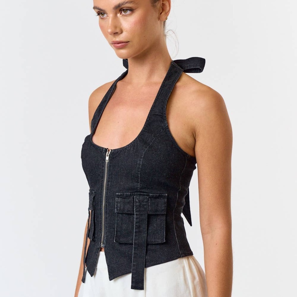 Black Denim Stretch Halter Top